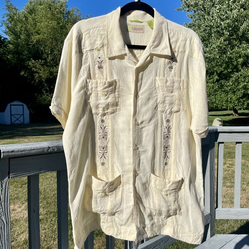 Cubavera Ivory Linen Rayon Brown Embroidery Floral Pattern Decor Size M